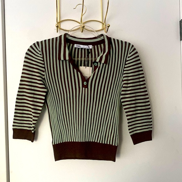 ZARA Brown & Mint Stripped Ribbed Knot Polo NWT! - Picture 1 of 8